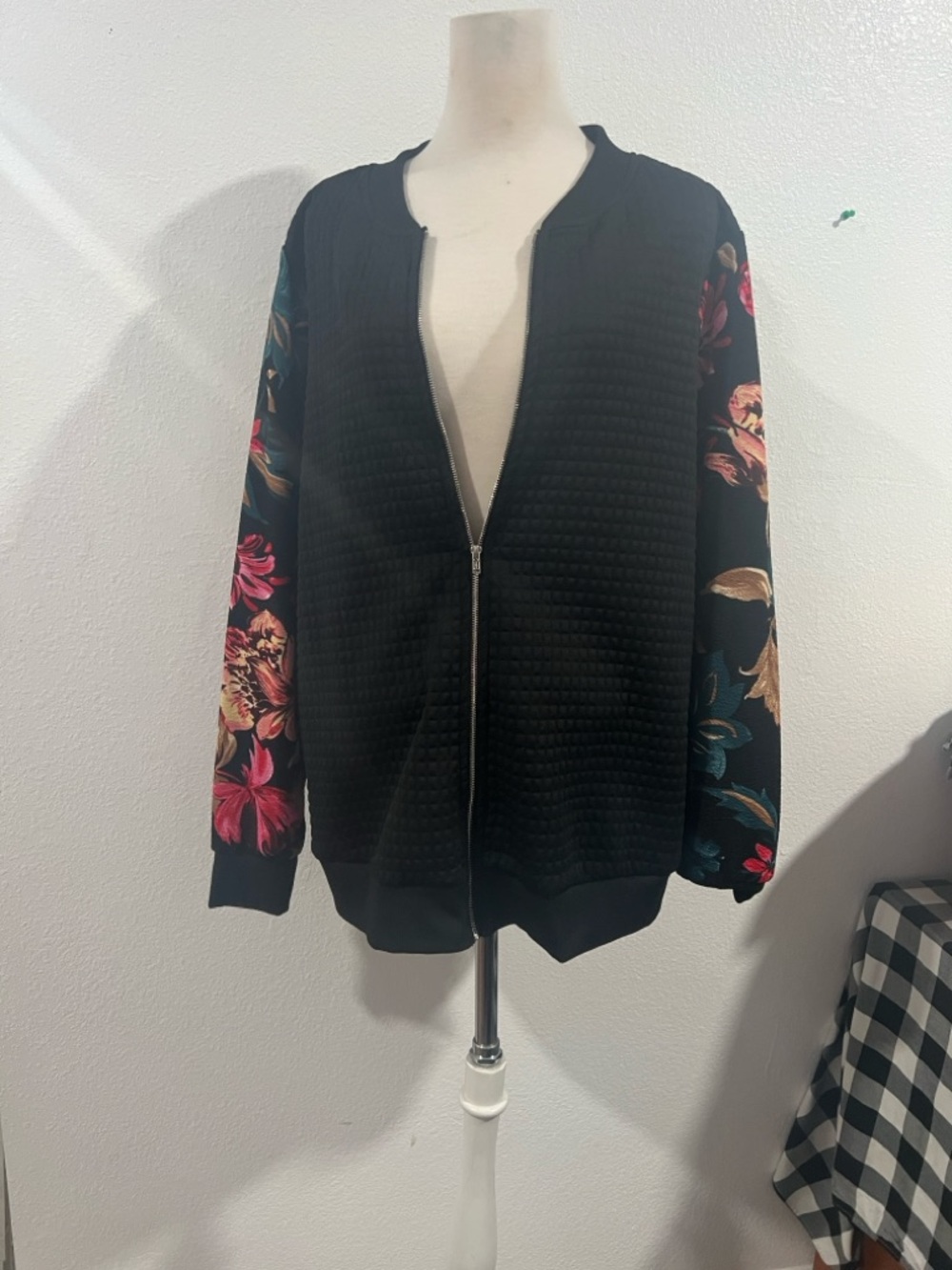 Emily Rose Black Bomber Jacket with Floral Sleeves